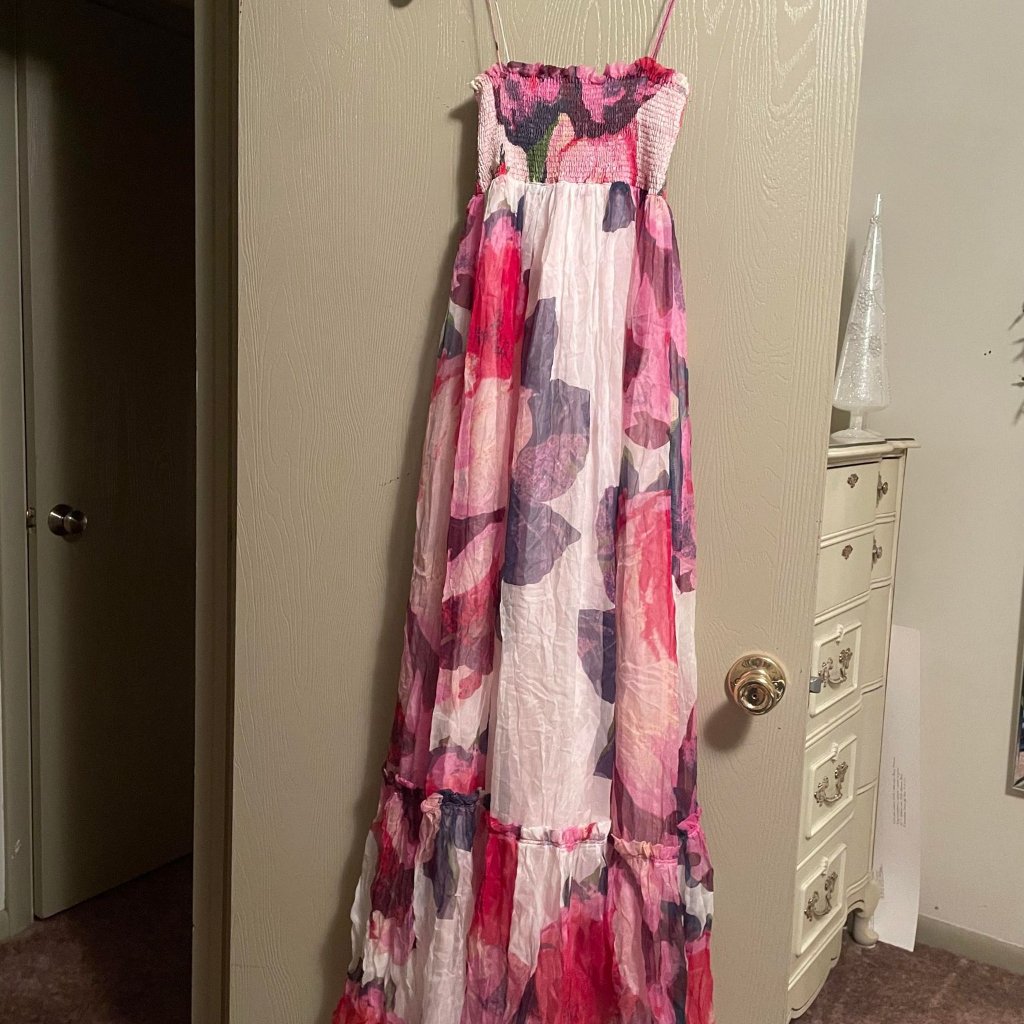 New Zara S Silk Tube Spaghetti Strap Graphic Floral Print Long Maxi Sheath Dress